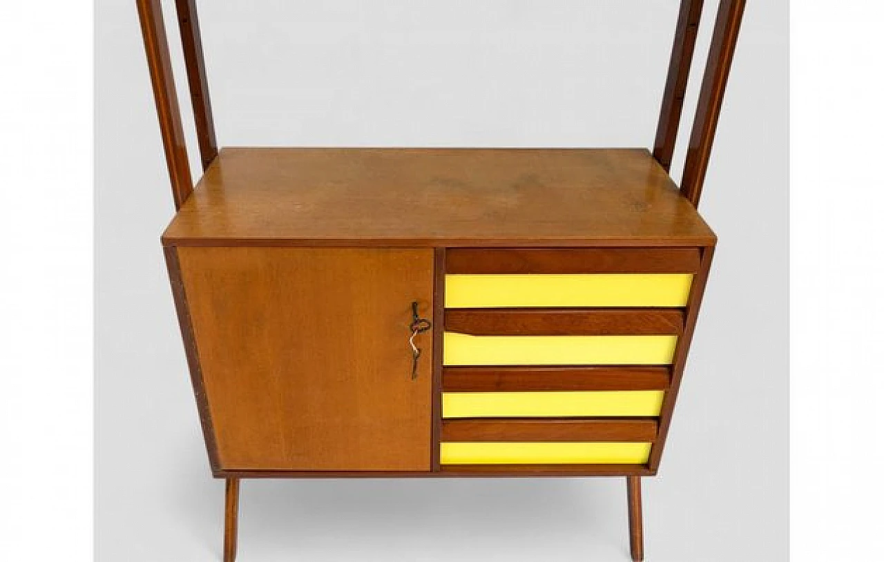 Wooden sideboard with yellow inserts, showcase & 4 drawers, 1950s 7