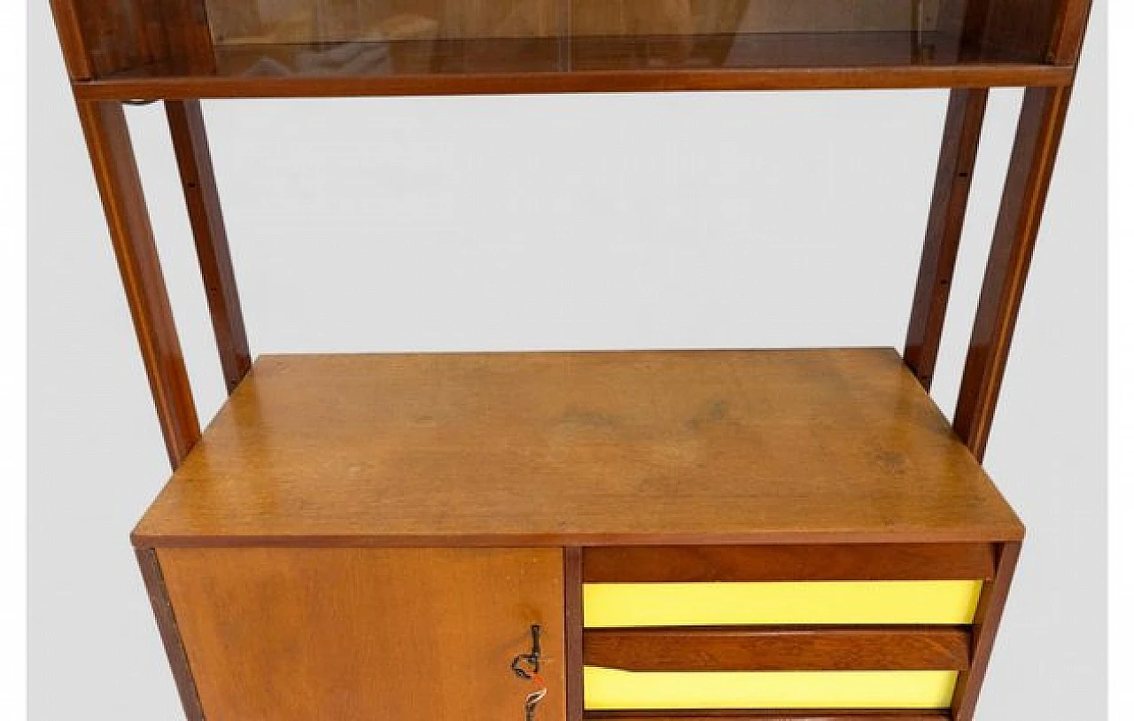 Wooden sideboard with yellow inserts, showcase & 4 drawers, 1950s 8