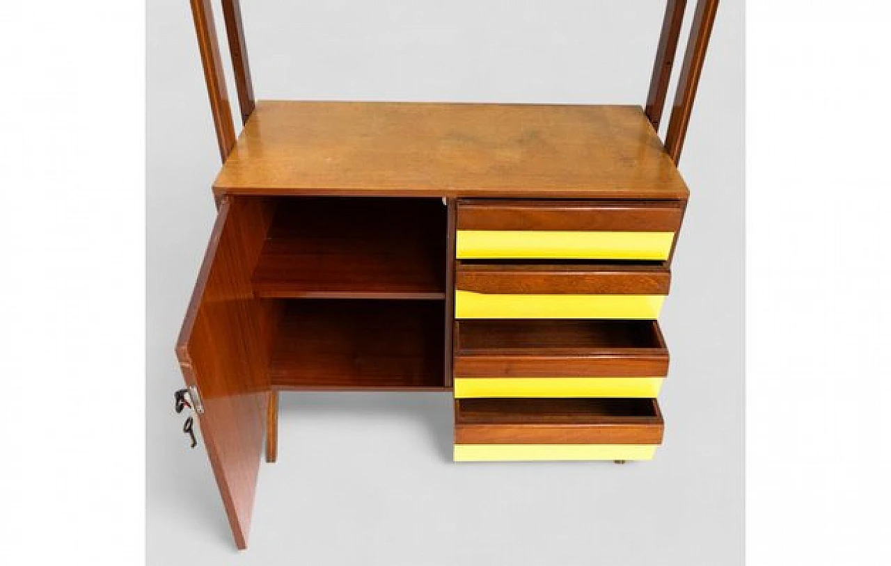 Wooden sideboard with yellow inserts, showcase & 4 drawers, 1950s 9