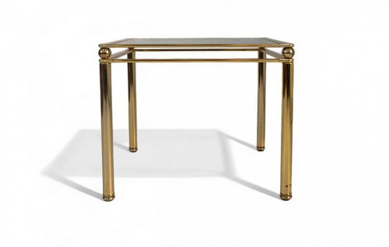 Square coffee table in golden metal and glass, 1970s 1