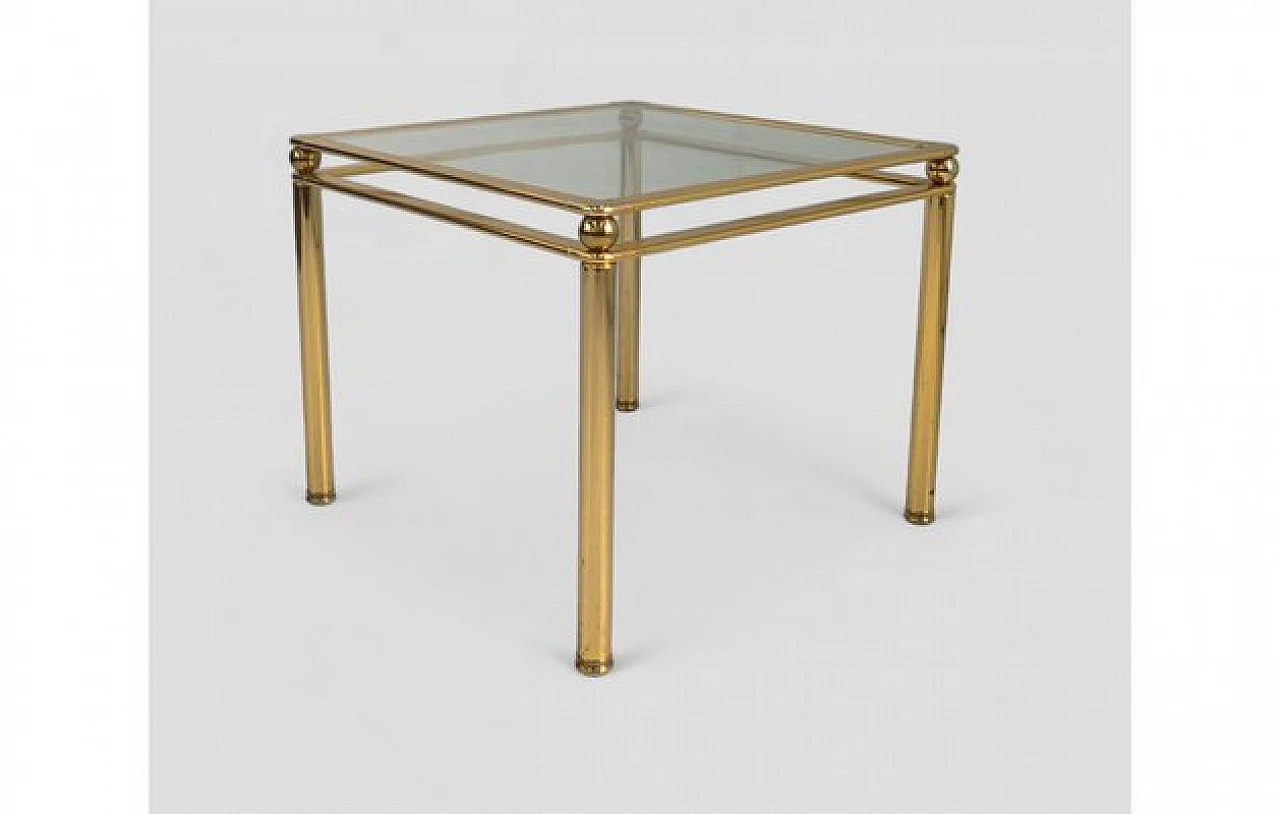 Square coffee table in golden metal and glass, 1970s 6