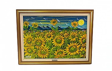 Renzo Capecci, Campo con girasoli, oil fresco, 1990s