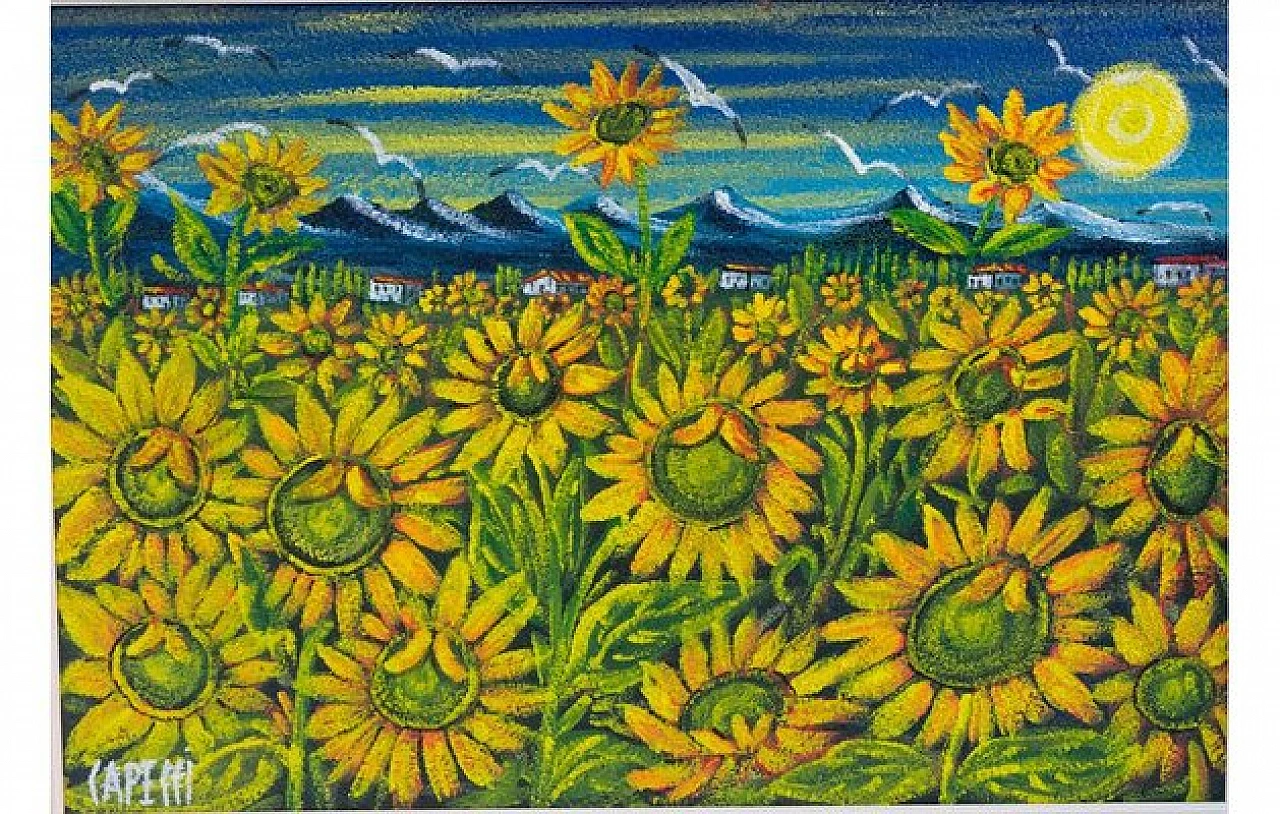 Renzo Capecci, Campo di girasoli, affresco ad olio, anni '90 2