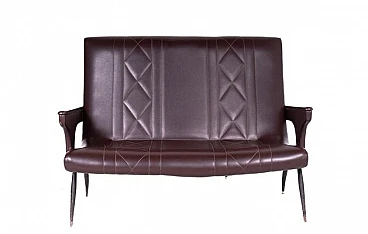 2-Seater sofa in brown skai and metal feet, 1990s