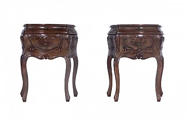 Pair of bedside tables in carved wood with two drawers, 1970s