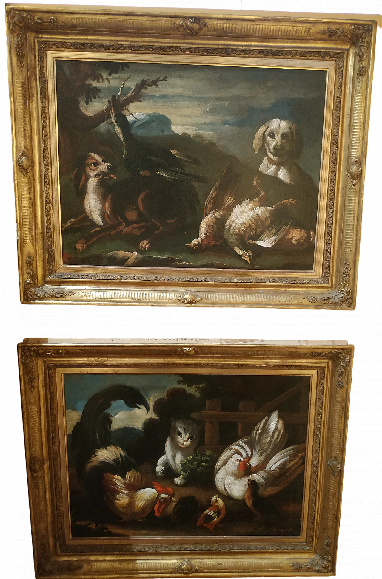 Pair of paintings of farm animals and haunting game, 18th century 26