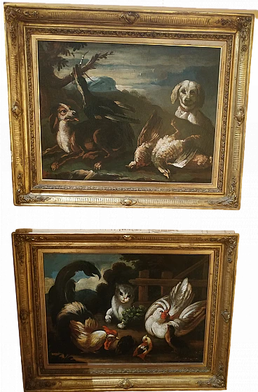 Pair of paintings of farm animals and haunting game, 18th century