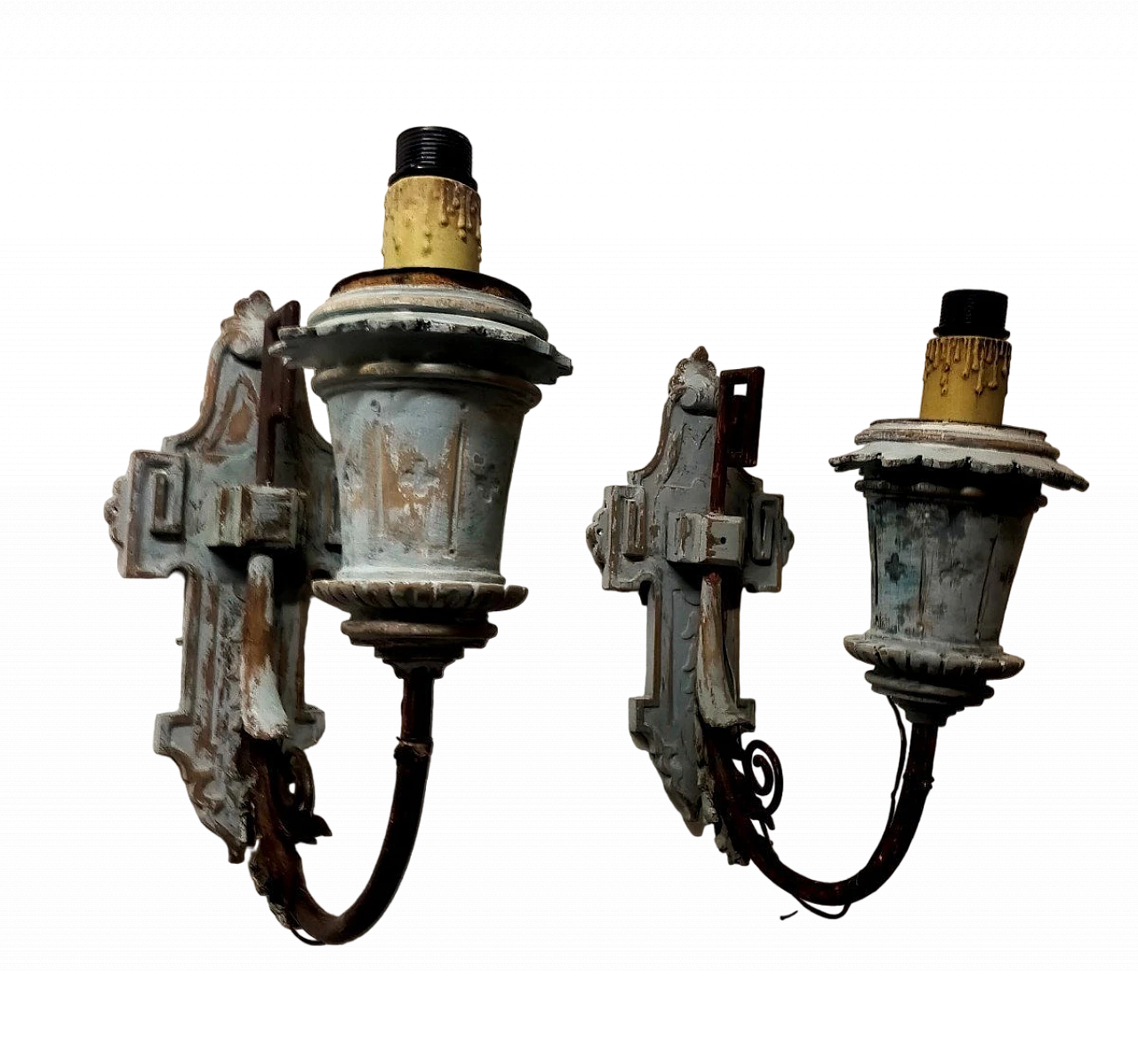 Pair of lacquered wood and wrought iron wall lights, late 19th century 2