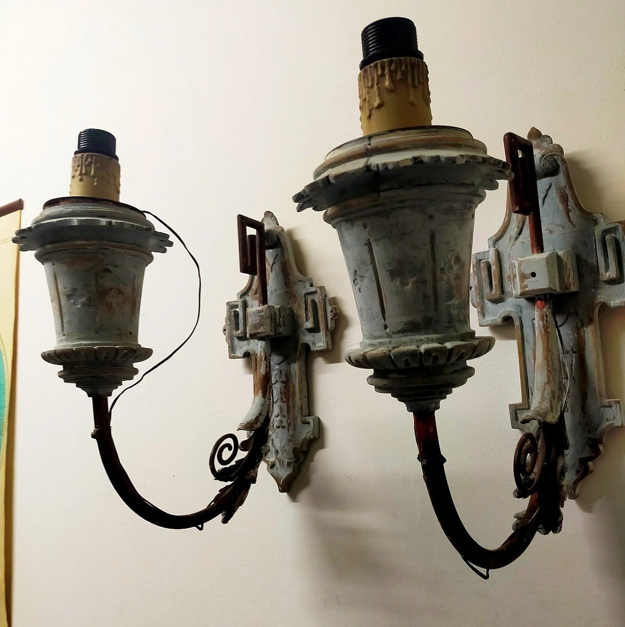 Pair of lacquered wood and wrought iron wall lights, late 19th century 3