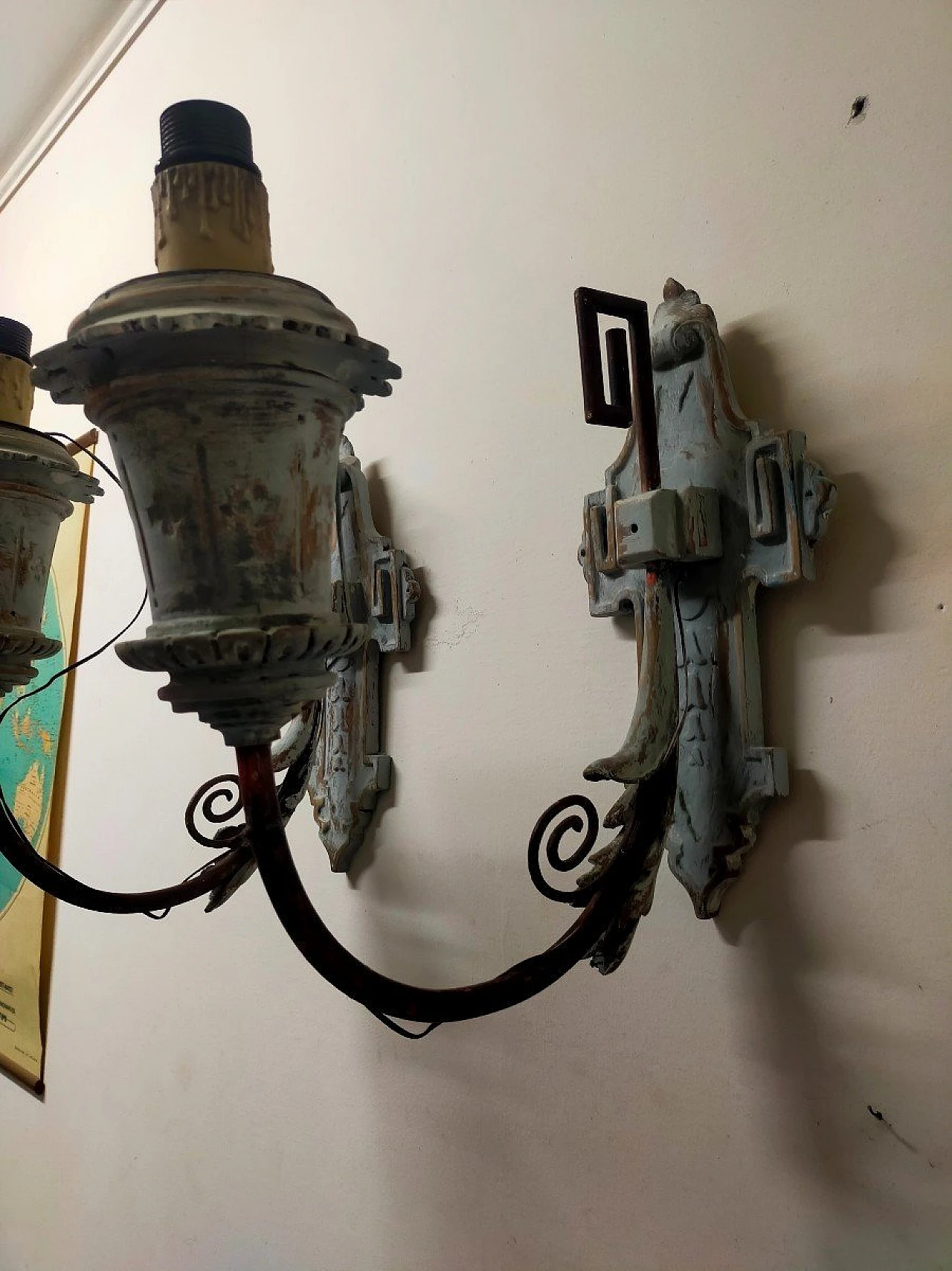 Pair of lacquered wood and wrought iron wall lights, late 19th century 6