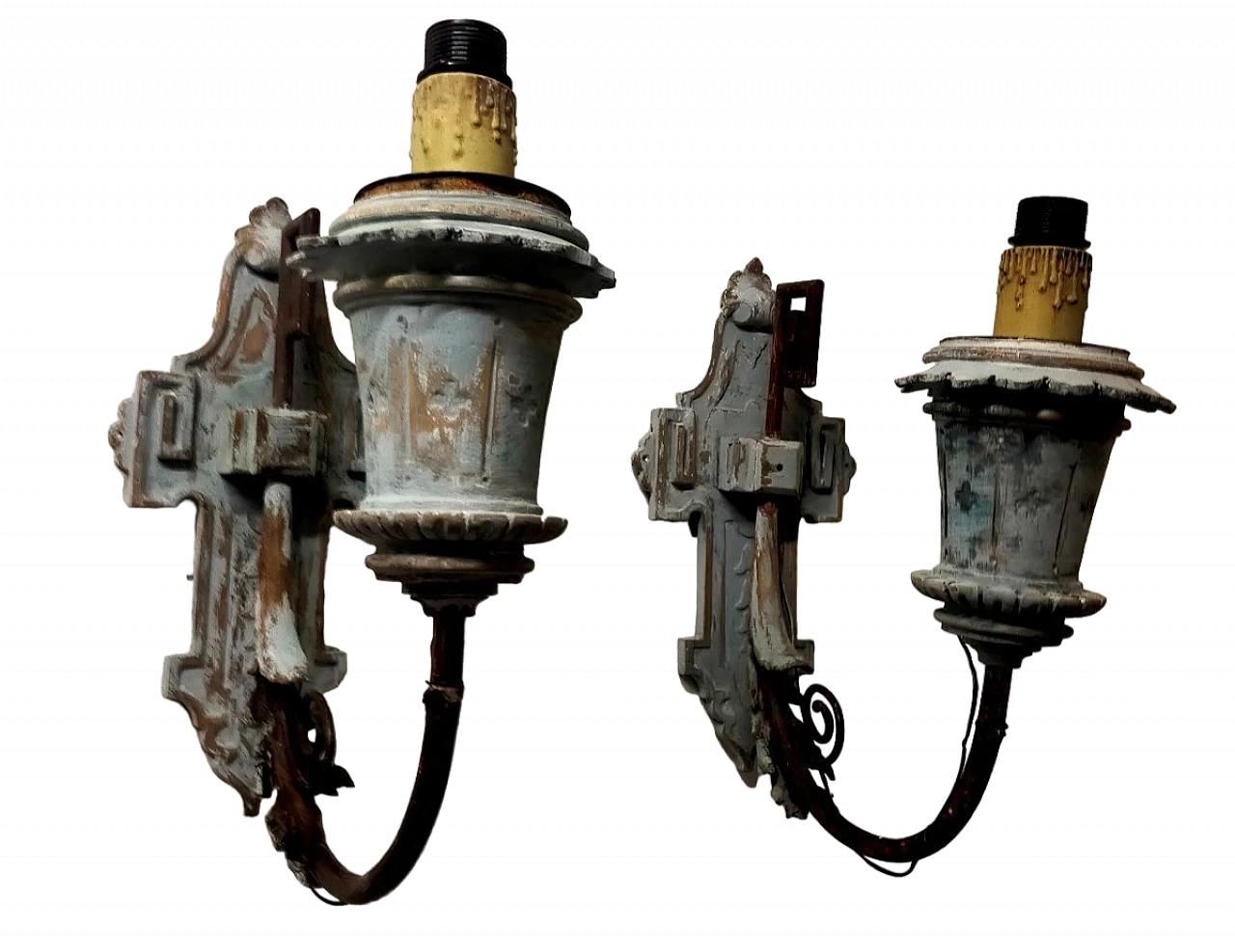 Pair of lacquered wood and wrought iron wall lights, late 19th century 11