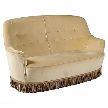 Two-seater beige velvet sofa in the style of Gio Ponti, 1950s