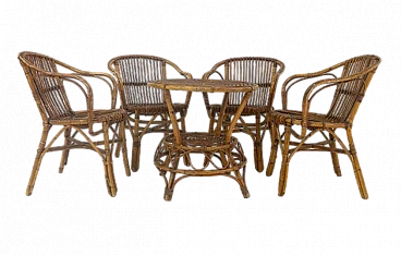 Tavolo rotondo e sedie in vimini, anni '70