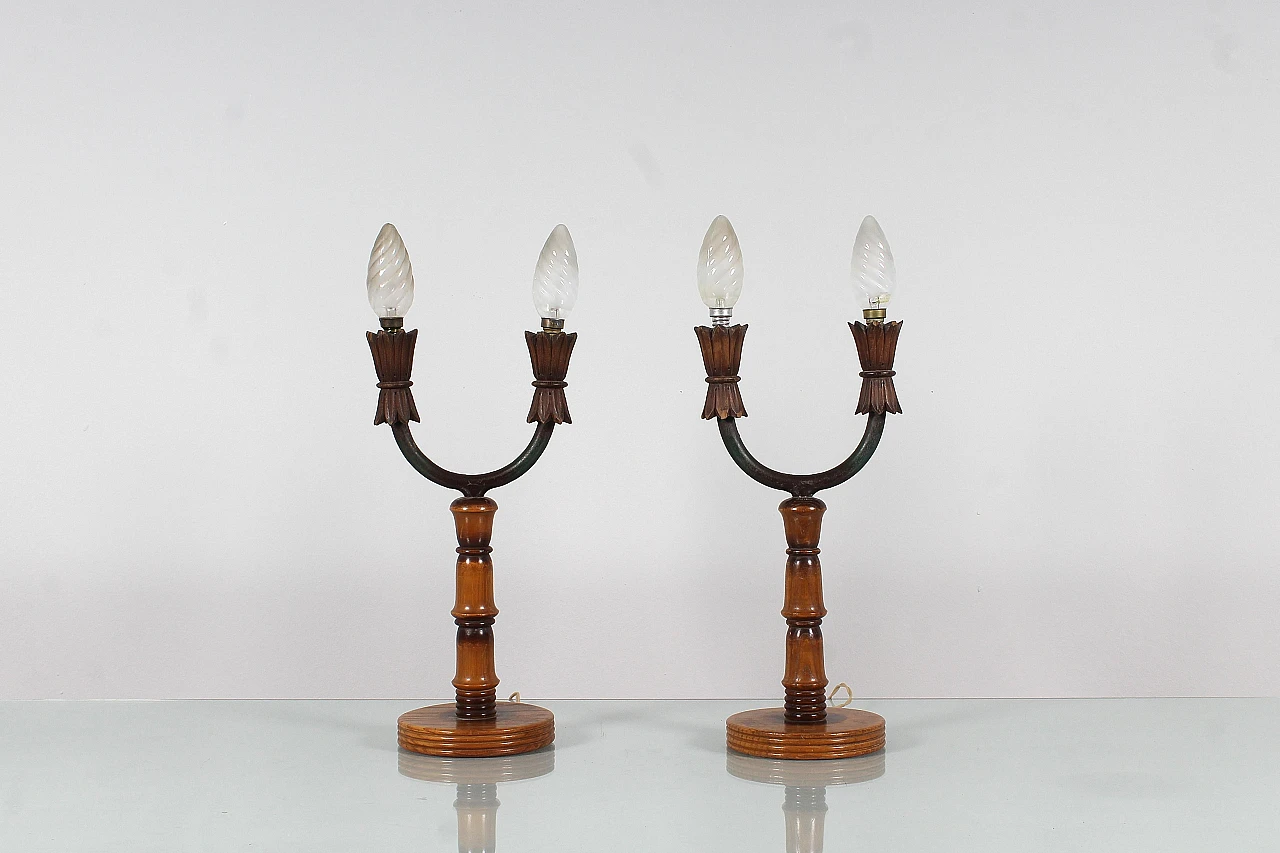 Pair of wooden table lamps by Colli Torino, 1950s 4