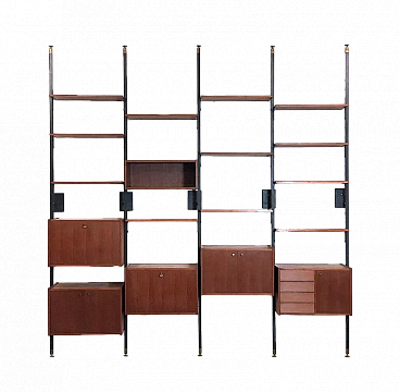 Teak and metal floor-to-ceiling modular bookcase, 1960s