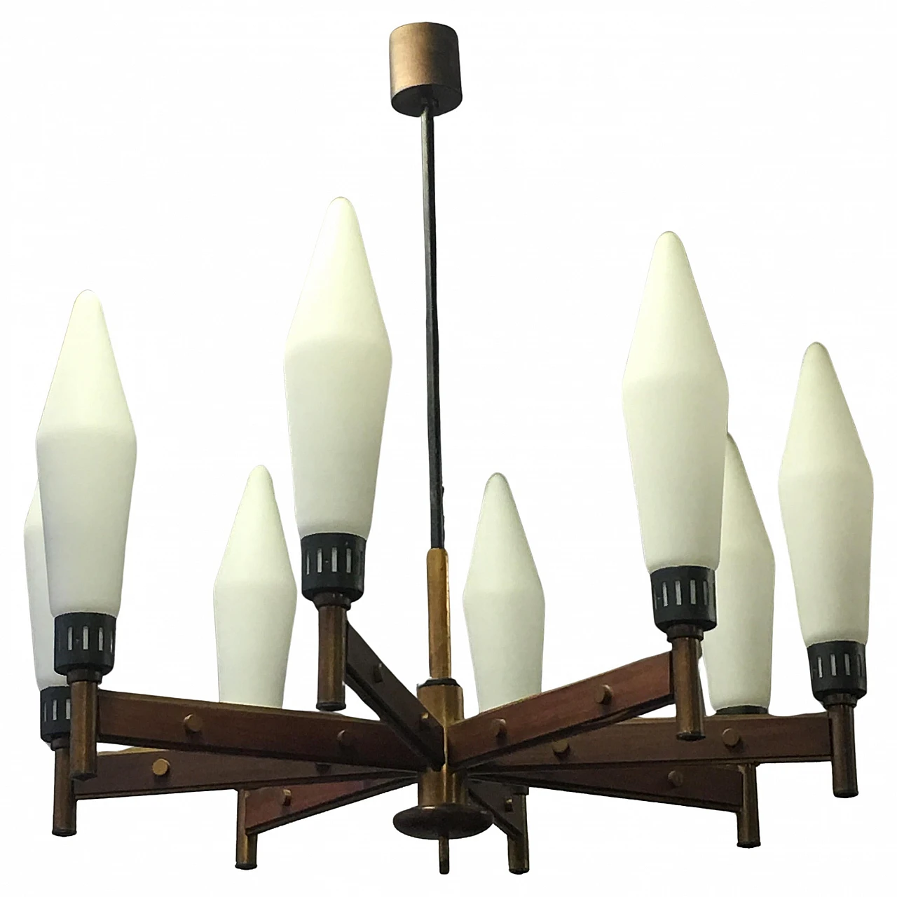 Eight-light brass and solid wood chandelier, 1950s 1