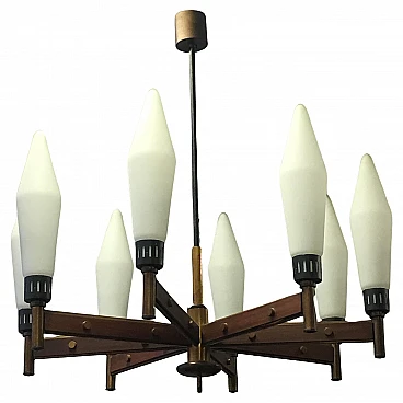 Eight-light brass and solid wood chandelier, 1950s