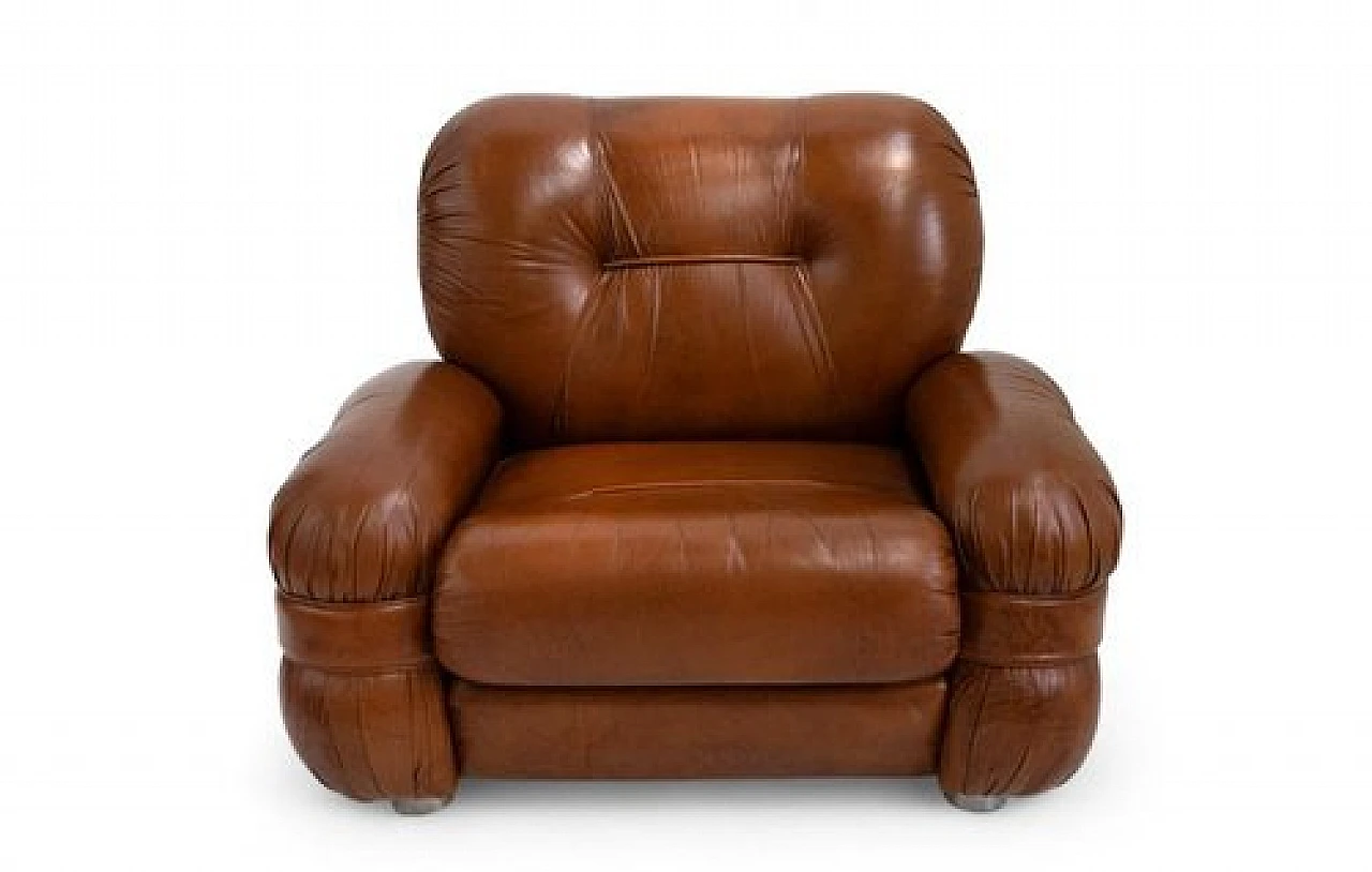 Armchair with rounded armrest in brown leather, 1970s 1