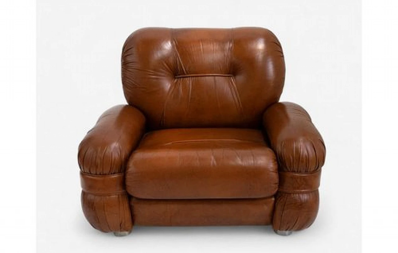 Armchair with rounded armrest in brown leather, 1970s 2