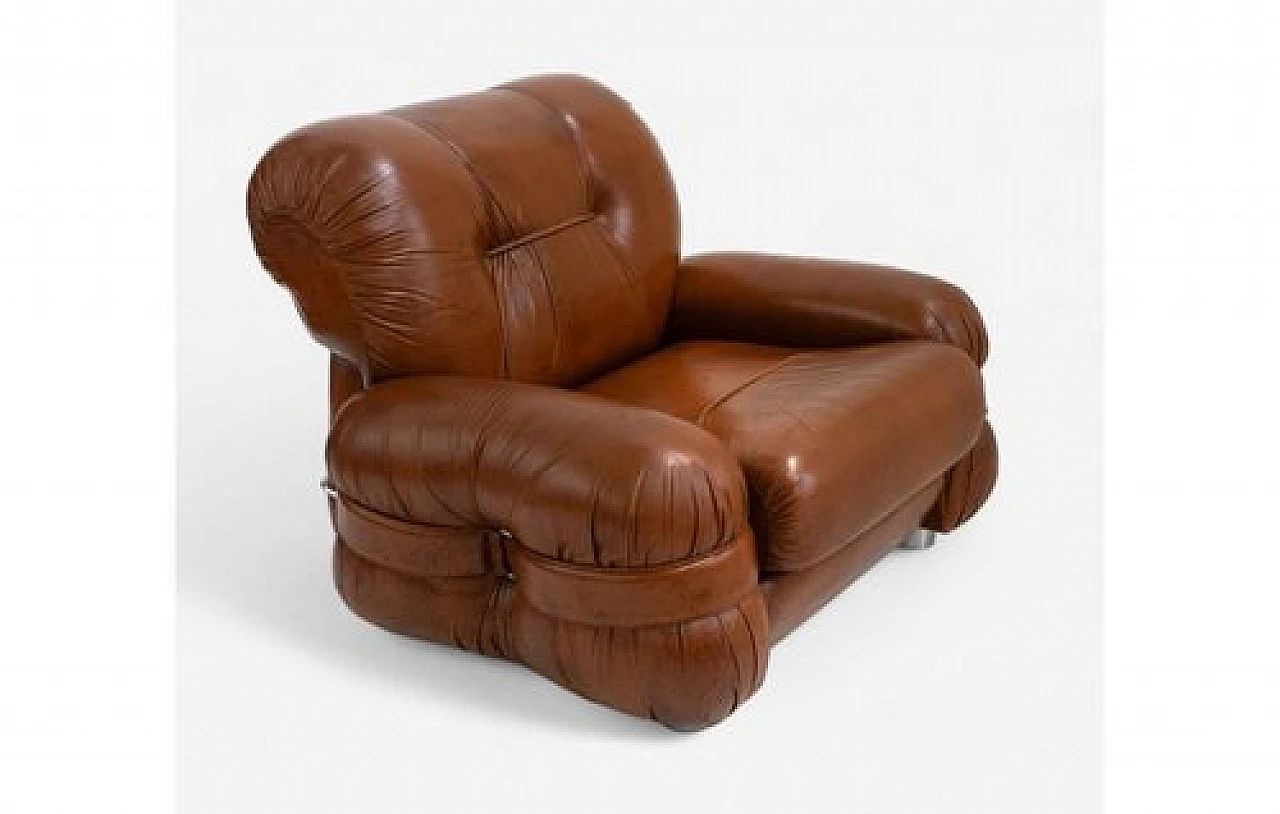 Armchair with rounded armrest in brown leather, 1970s 3