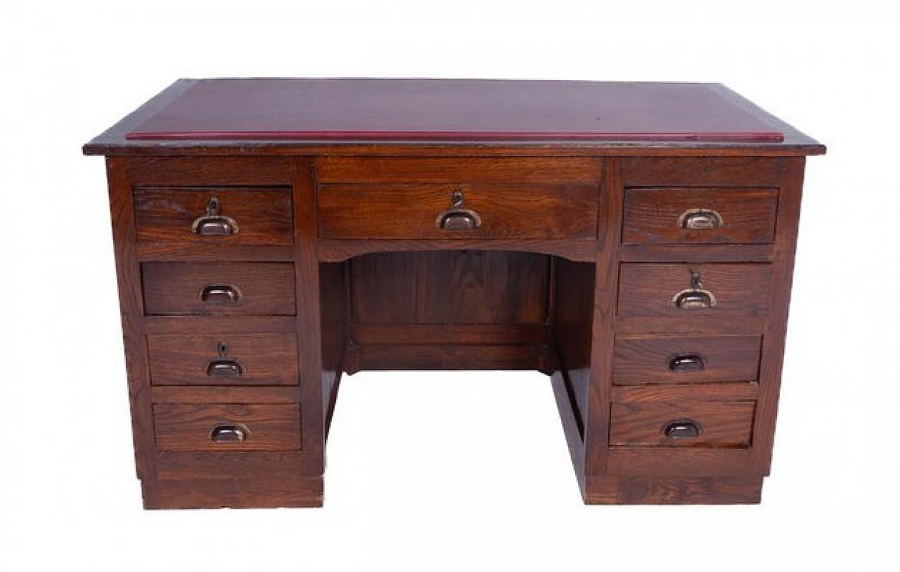 Wooden desk with side drawers and leather top, 1950s 1