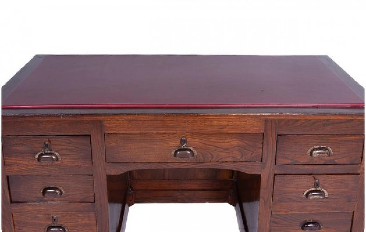 Wooden desk with side drawers and leather top, 1950s 3