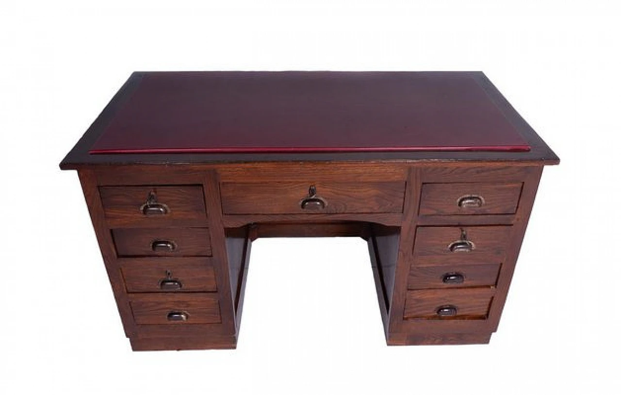 Wooden desk with side drawers and leather top, 1950s 4