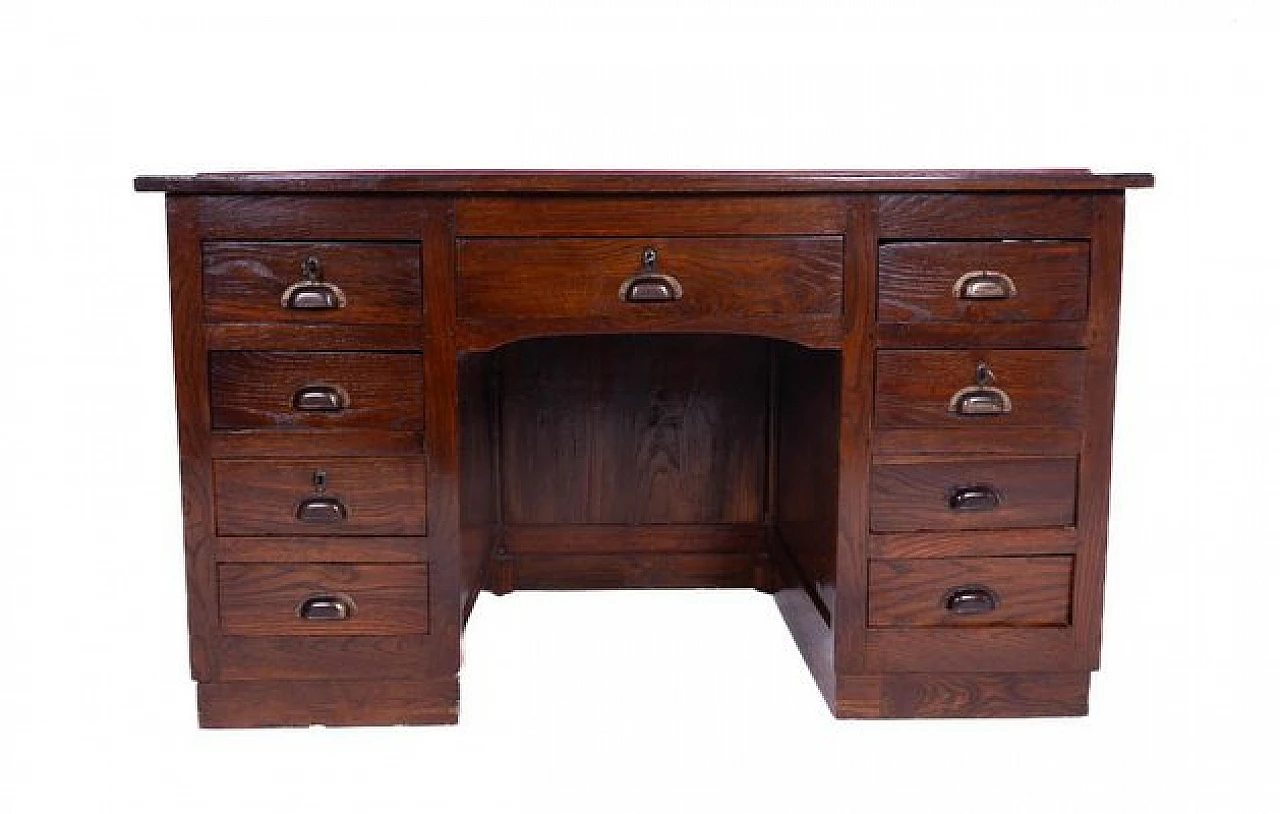 Wooden desk with side drawers and leather top, 1950s 5