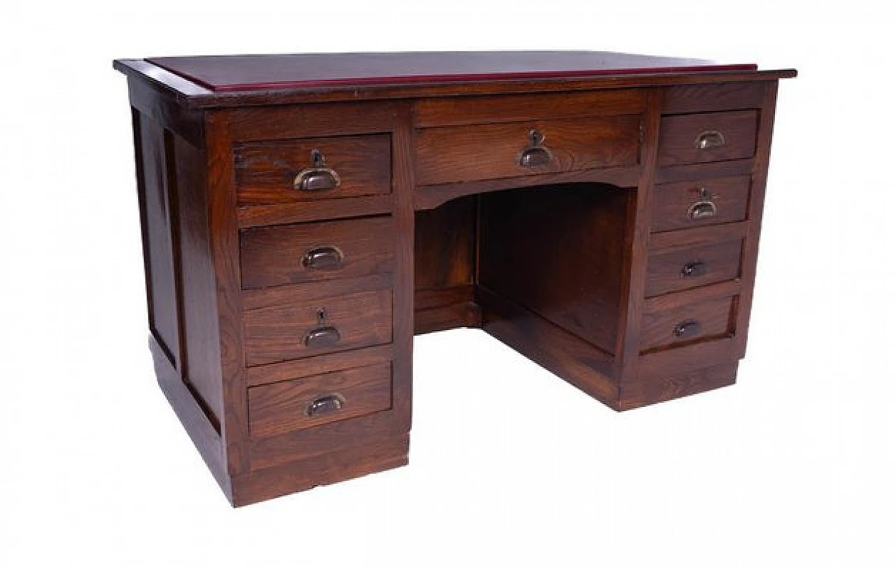 Wooden desk with side drawers and leather top, 1950s 6