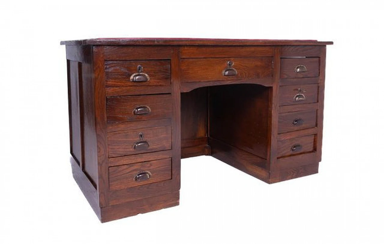 Wooden desk with side drawers and leather top, 1950s 7