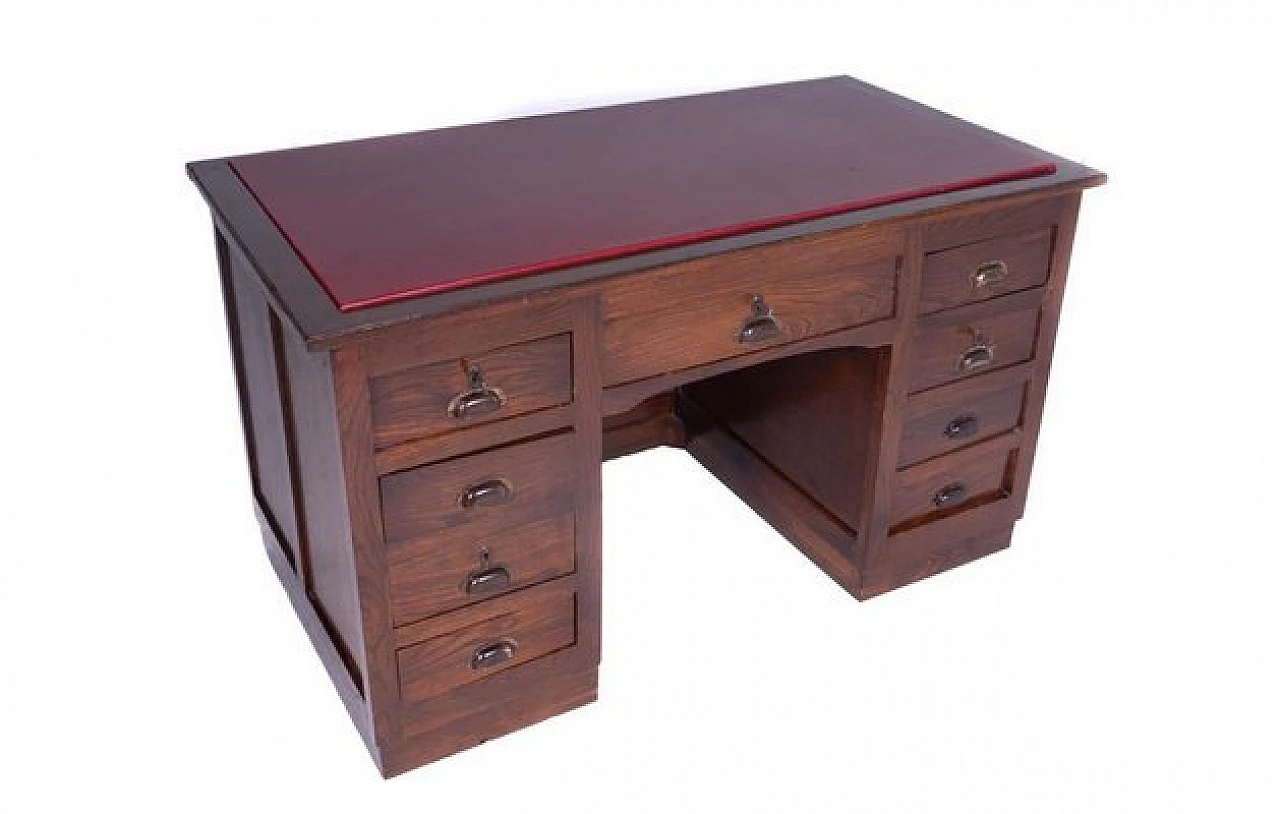 Wooden desk with side drawers and leather top, 1950s 8