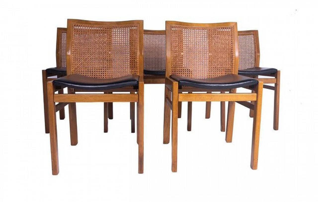 5 Chairs in walnut, leather seat and straw from Molteni&C, 1970s 2