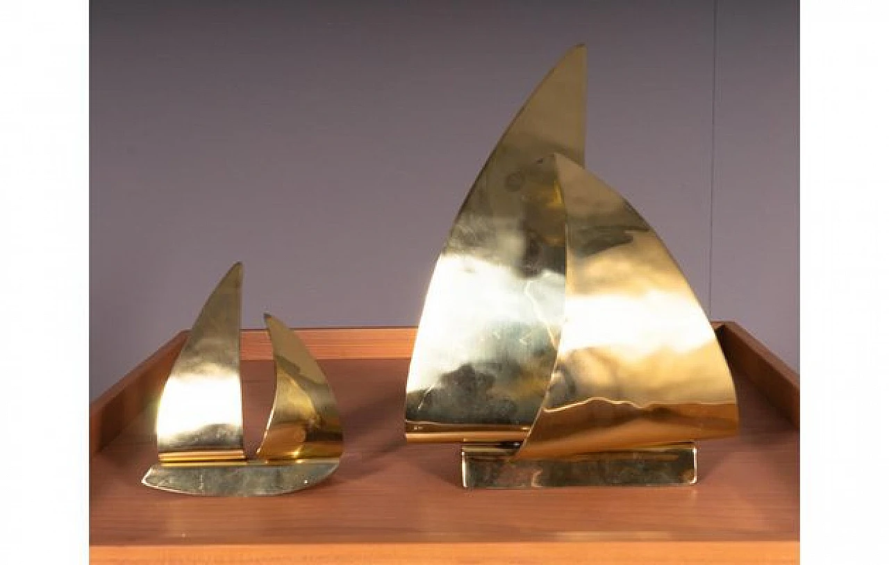 Pair of golden metal sailing boats, 1980s 1