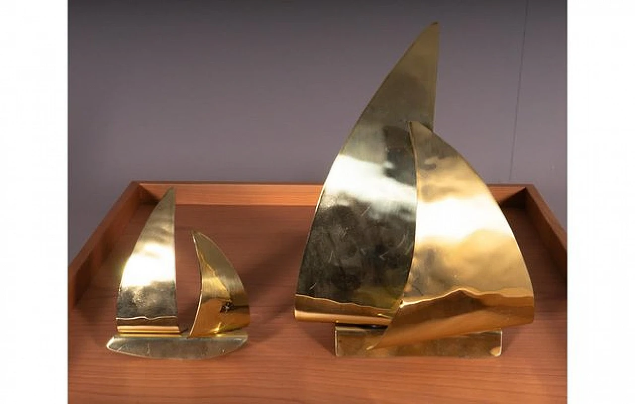 Pair of golden metal sailing boats, 1980s 2