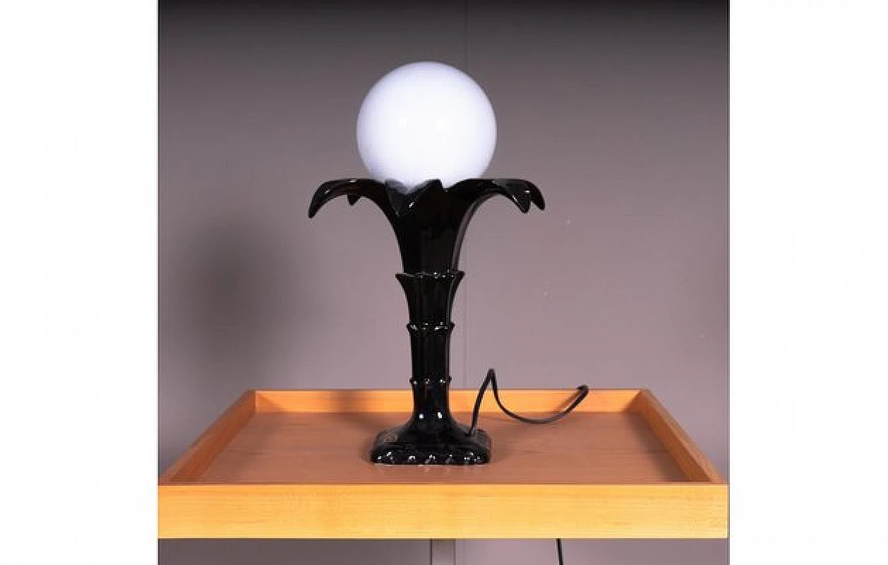 Black ceramic flower table lamp with sphere, 1980s 1