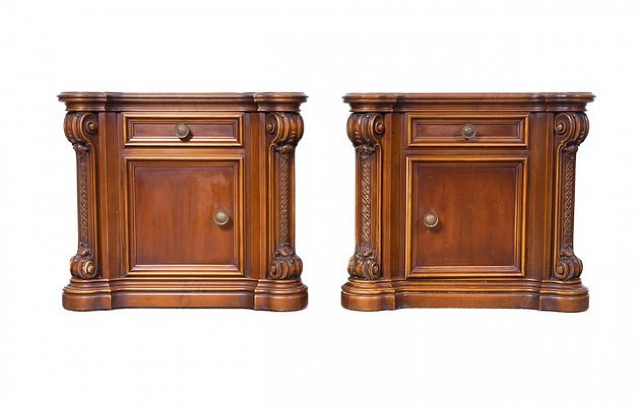 Pair of bedside tables in carved walnut by Roncoroni, 1970s 1