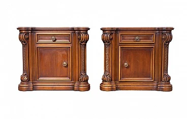 Pair of bedside tables in carved walnut by Roncoroni, 1970s