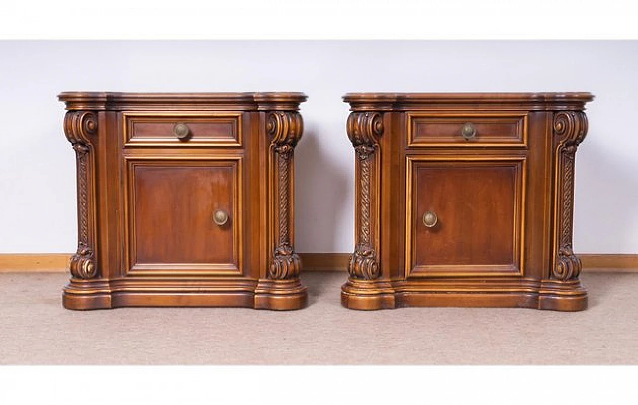 Pair of bedside tables in carved walnut by Roncoroni, 1970s 2