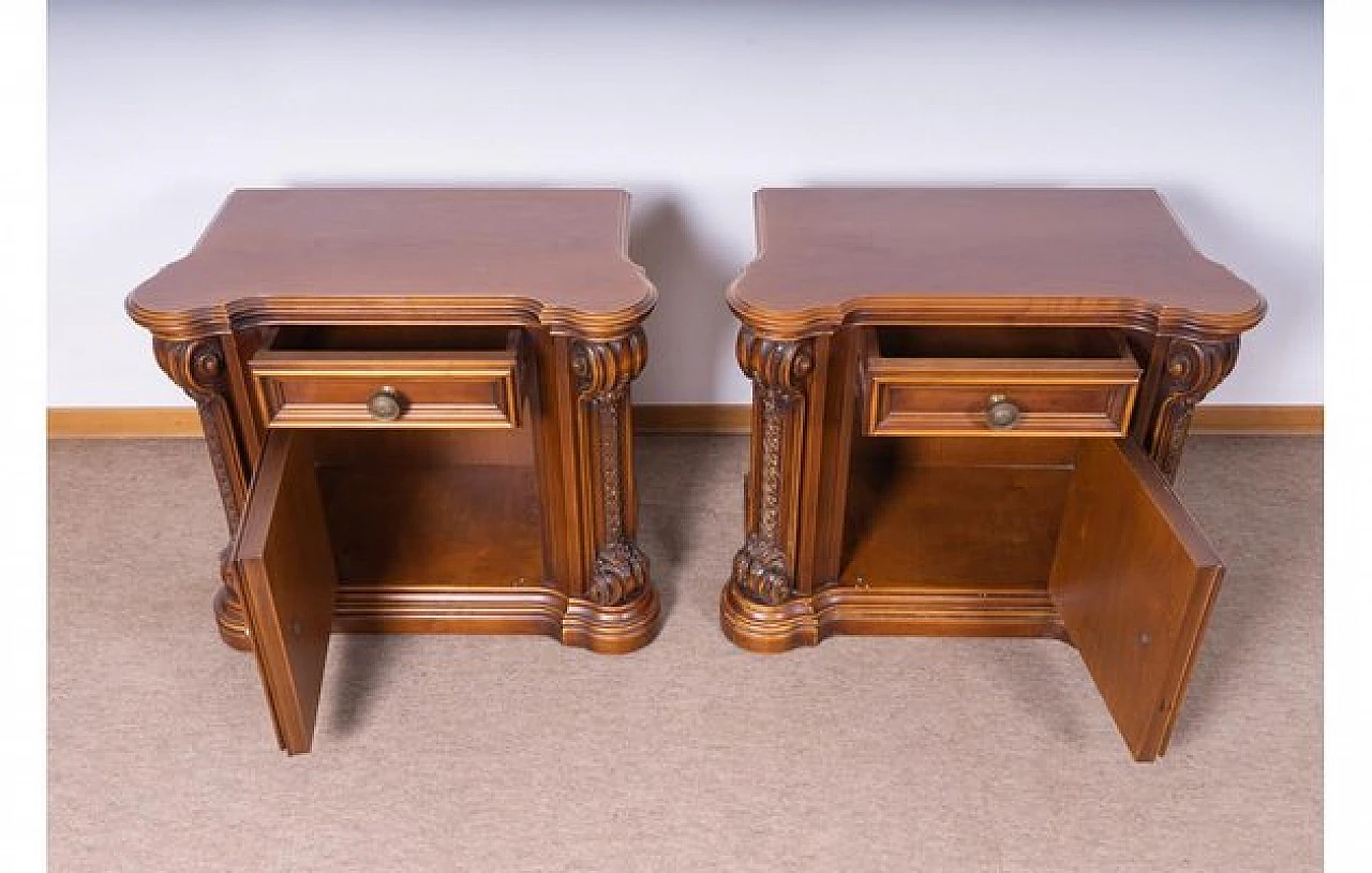 Pair of bedside tables in carved walnut by Roncoroni, 1970s 4