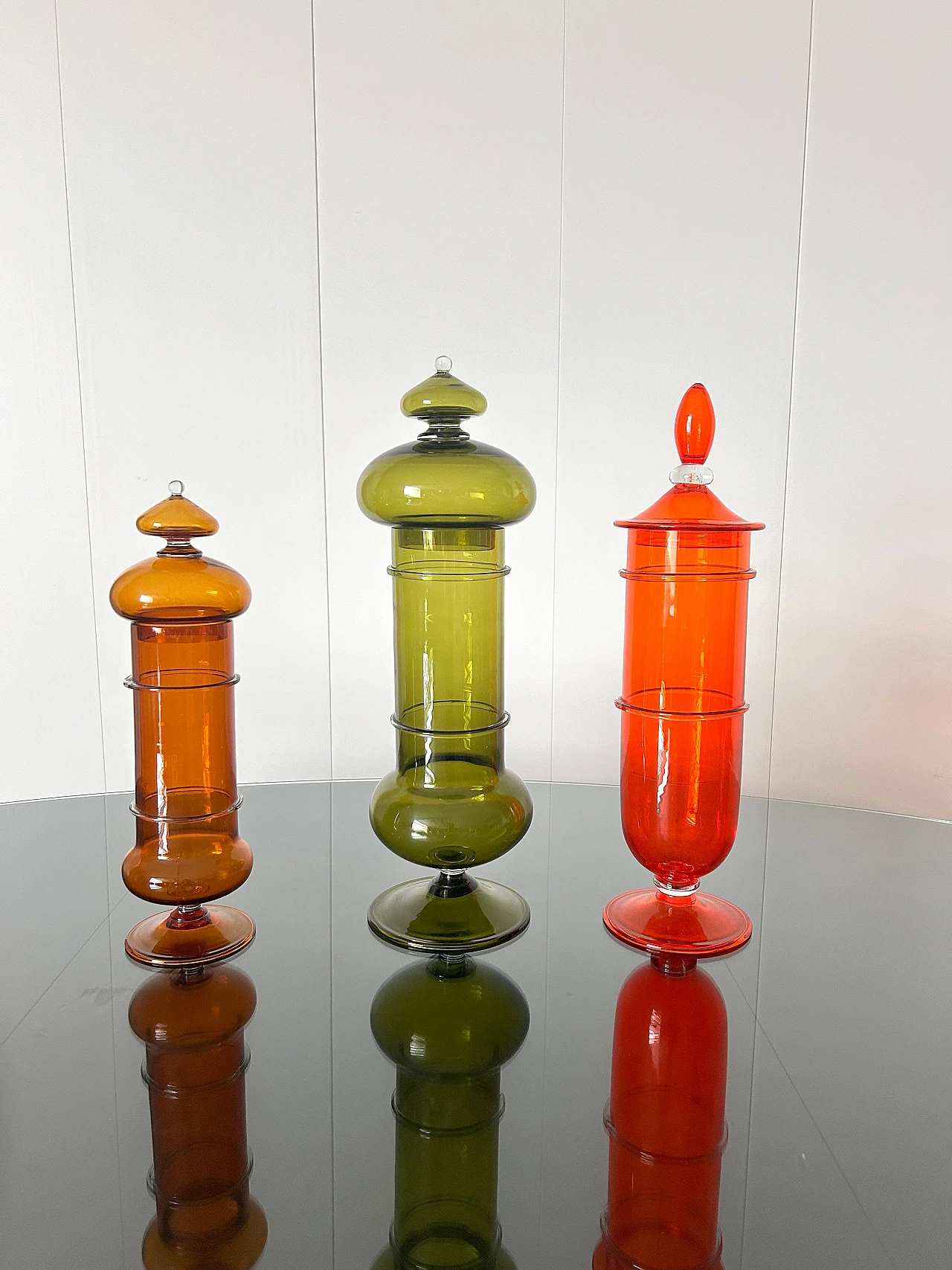 3 Lidded coloured Murano glass vases, 1960s 1