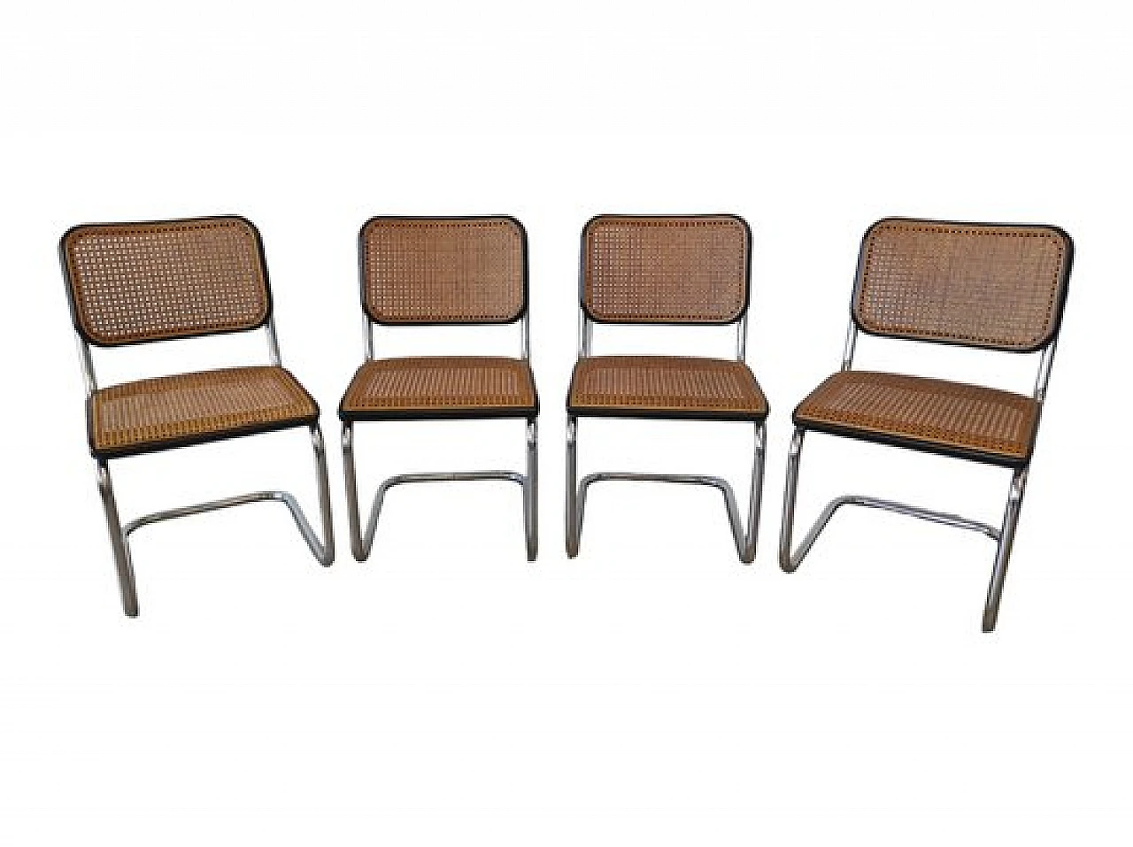 4 German Bauhaus style chairs in metal, wood and cane, 1970s 1