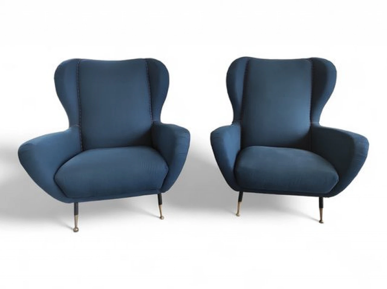 Pair of brass and blue fabric armchairs, 1960s 1