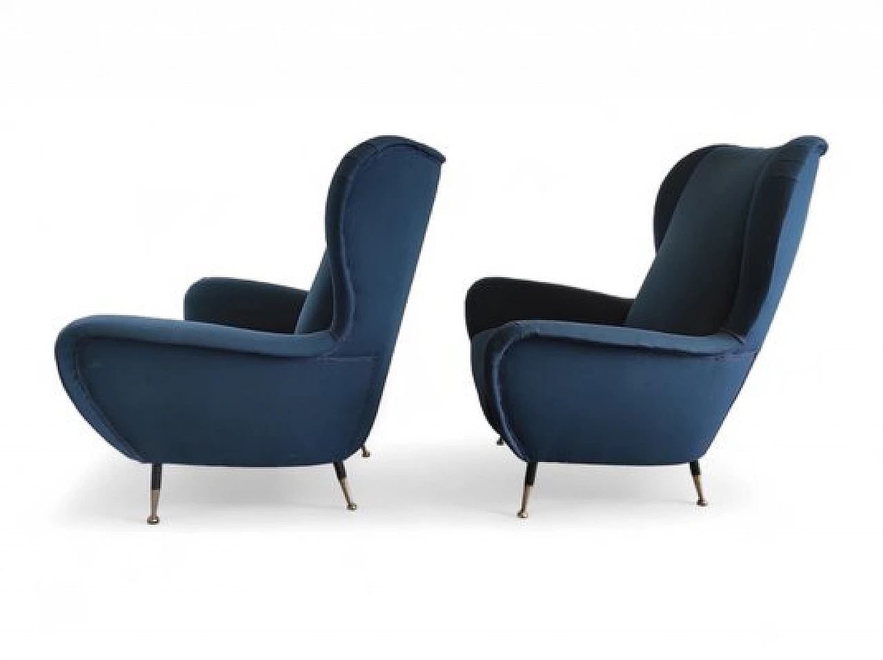 Pair of brass and blue fabric armchairs, 1960s 2