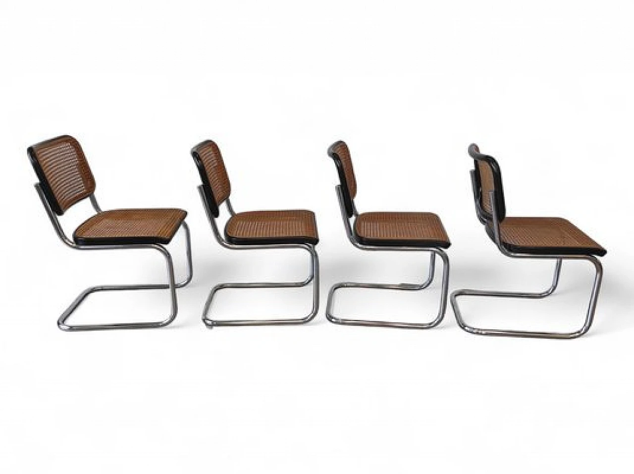 4 German Bauhaus style chairs in metal, wood and cane, 1970s 2