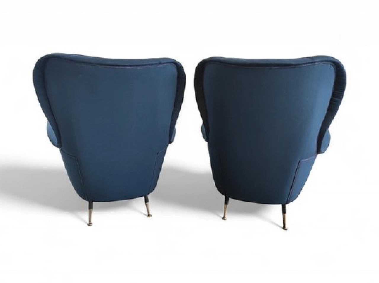 Pair of brass and blue fabric armchairs, 1960s 3