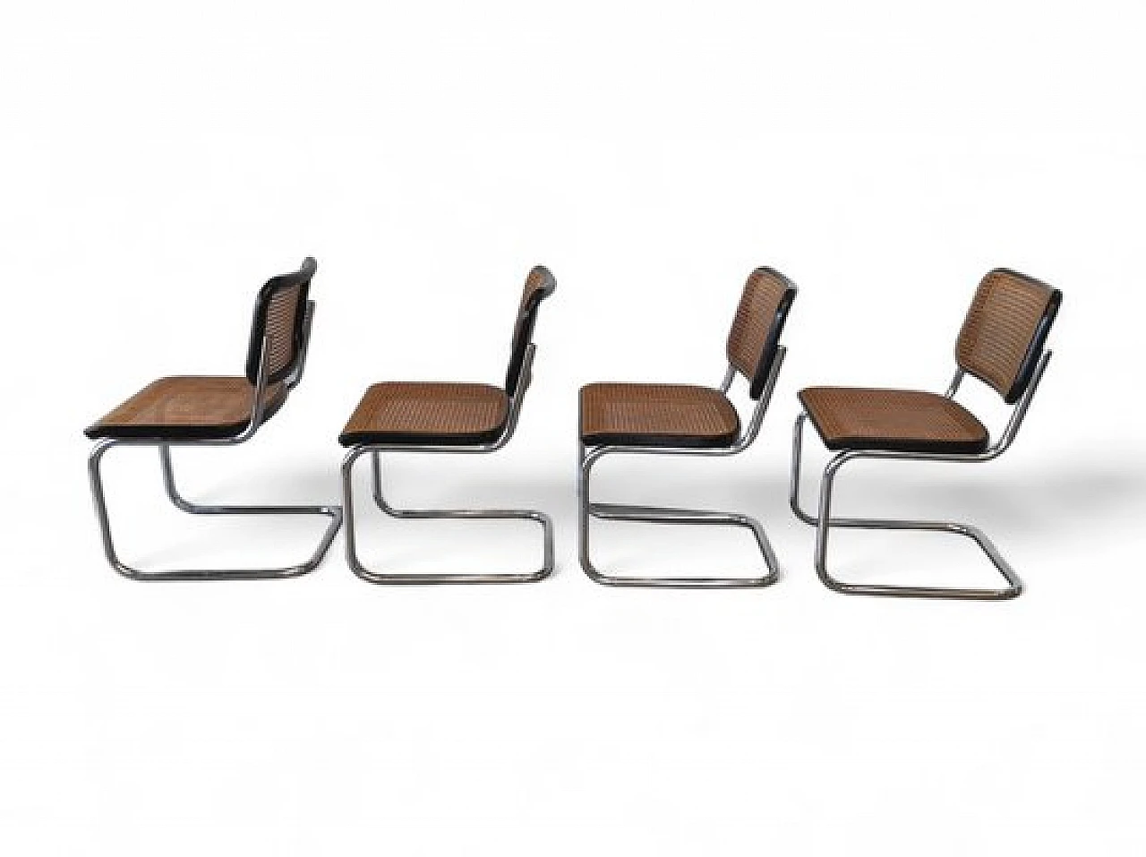 4 German Bauhaus style chairs in metal, wood and cane, 1970s 3