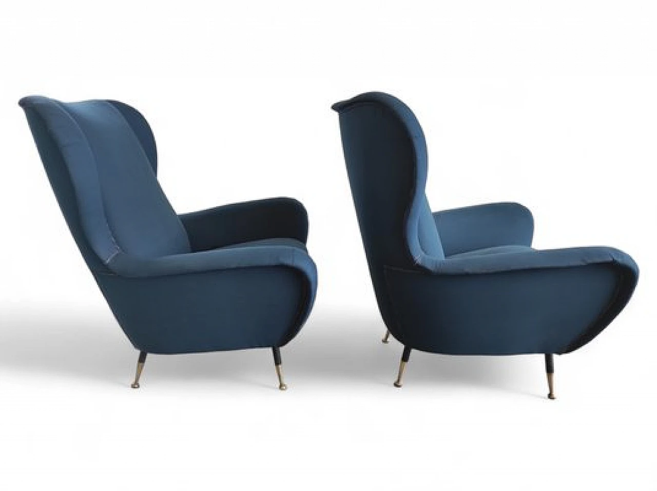 Pair of brass and blue fabric armchairs, 1960s 4