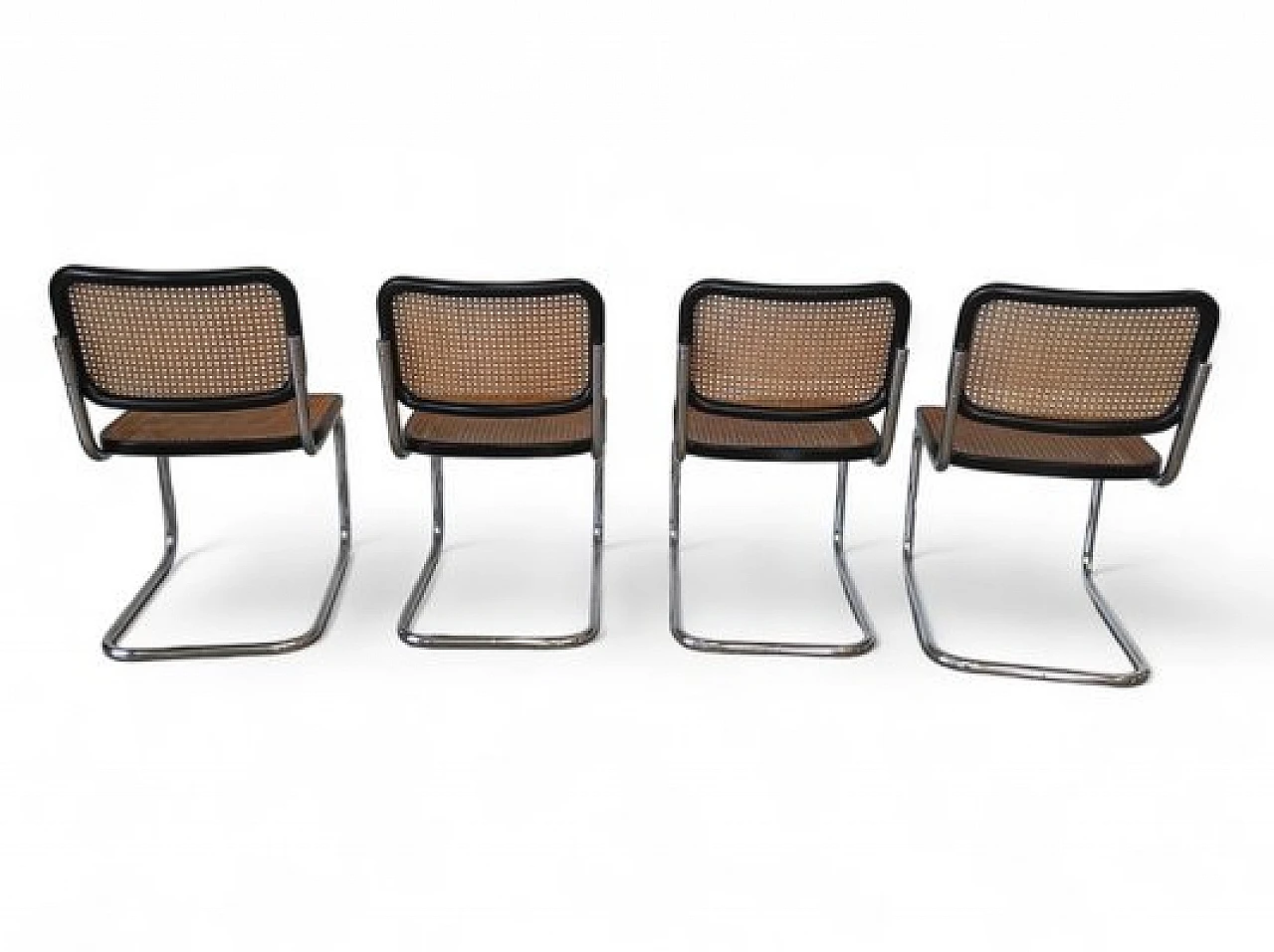 4 German Bauhaus style chairs in metal, wood and cane, 1970s 4