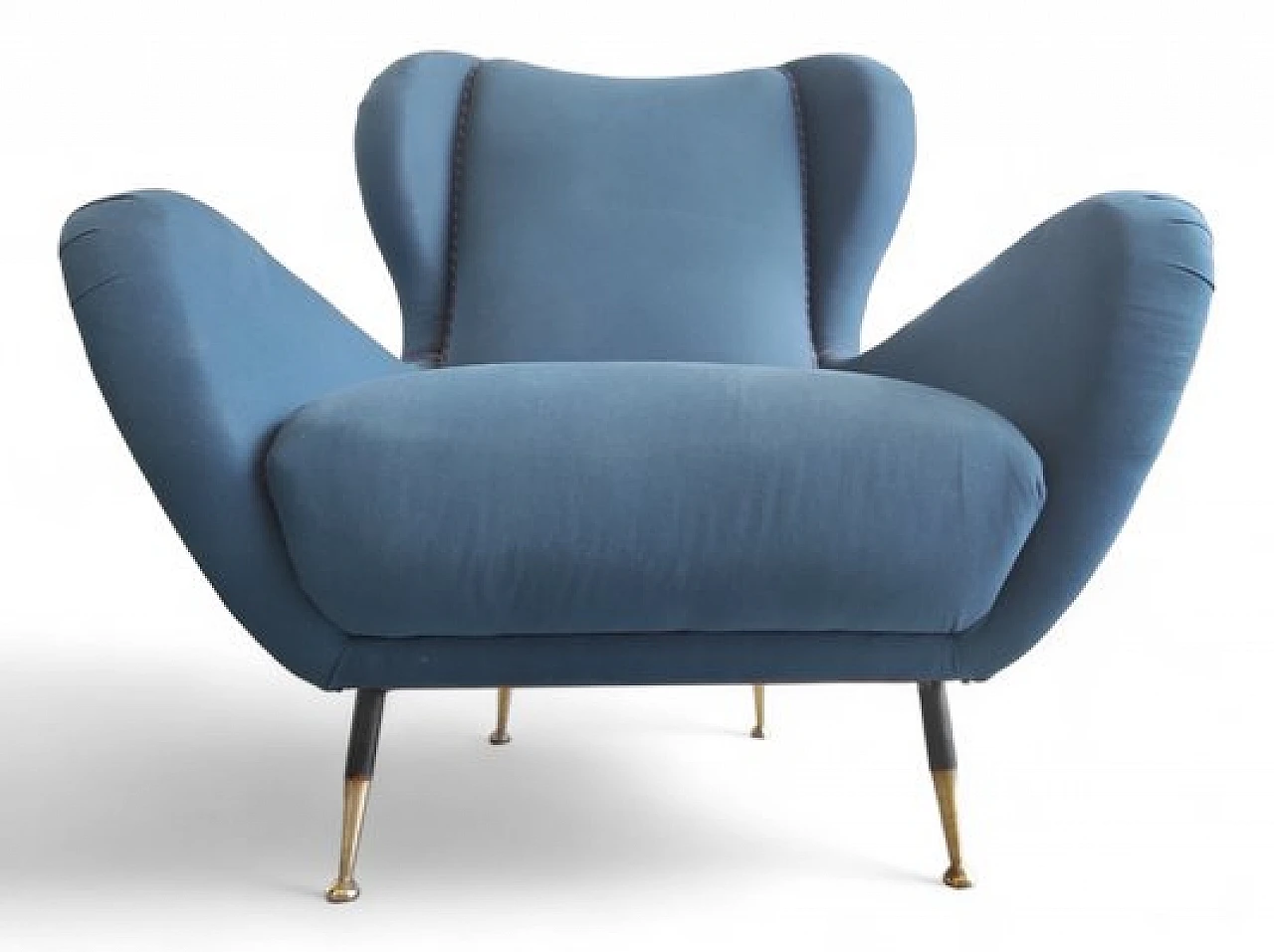 Pair of brass and blue fabric armchairs, 1960s 5