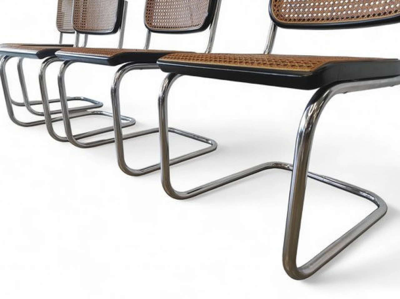 4 German Bauhaus style chairs in metal, wood and cane, 1970s 5